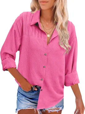 HOTOUCH Womens Long Sleeve Button Down Shirts Oversized Collared Drop Shoulder Work Tops Textured Loose Blouse S-XXXL