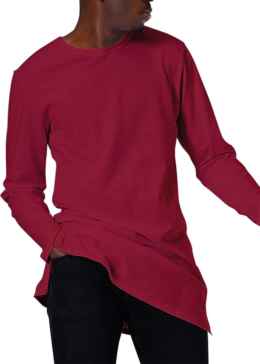 Ma Croix Mens Long Sleeve Hipster Shirt with Side Zipper Longline Extened Tee Hip Hop Streetwear