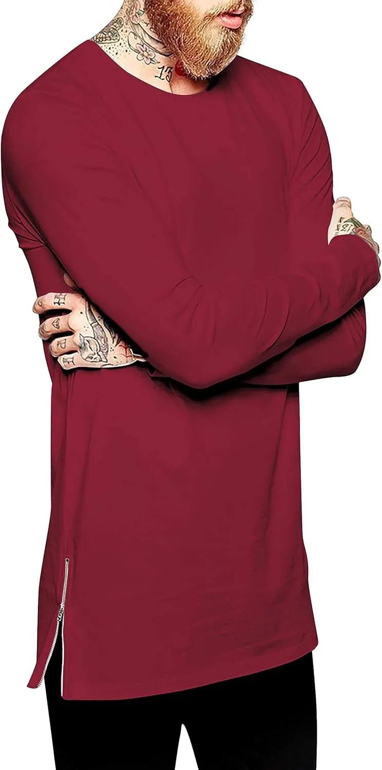 Ma Croix Mens Long Sleeve Hipster Shirt with Side Zipper Longline Extened Tee Hip Hop Streetwear
