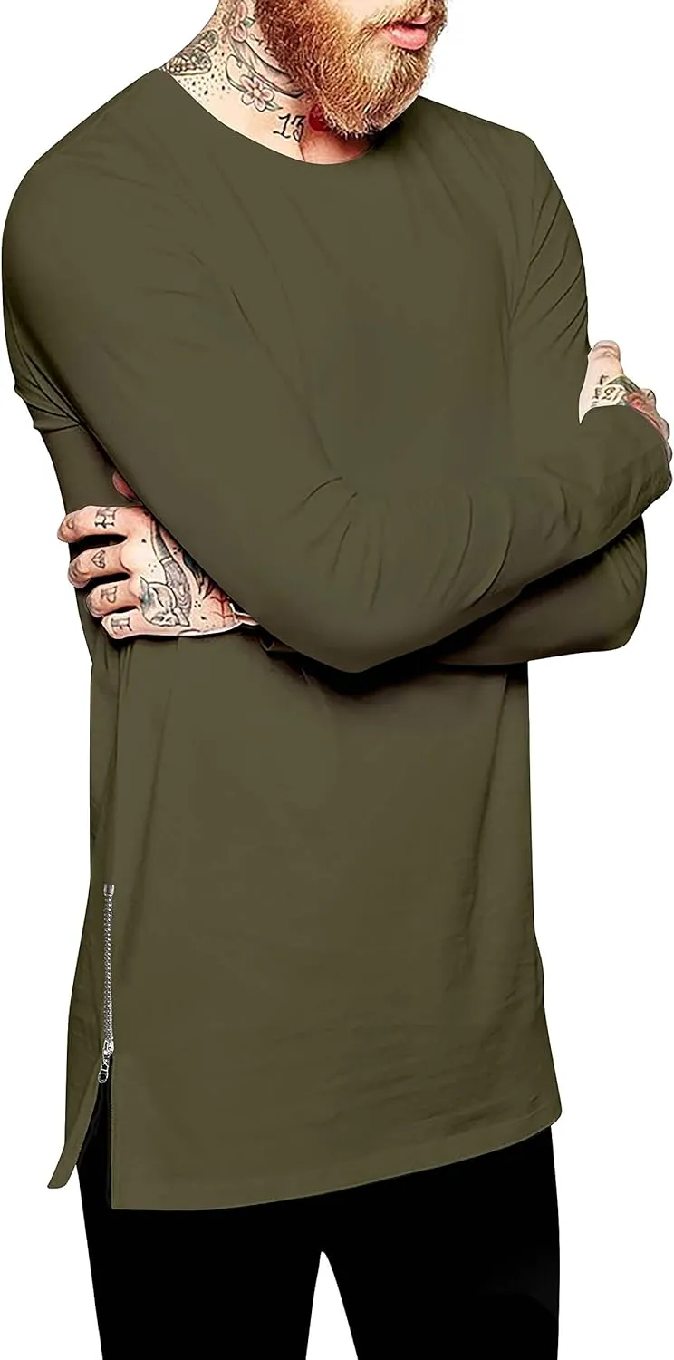 Ma Croix Mens Long Sleeve Hipster Shirt with Side Zipper Longline Extened Tee Hip Hop Streetwear
