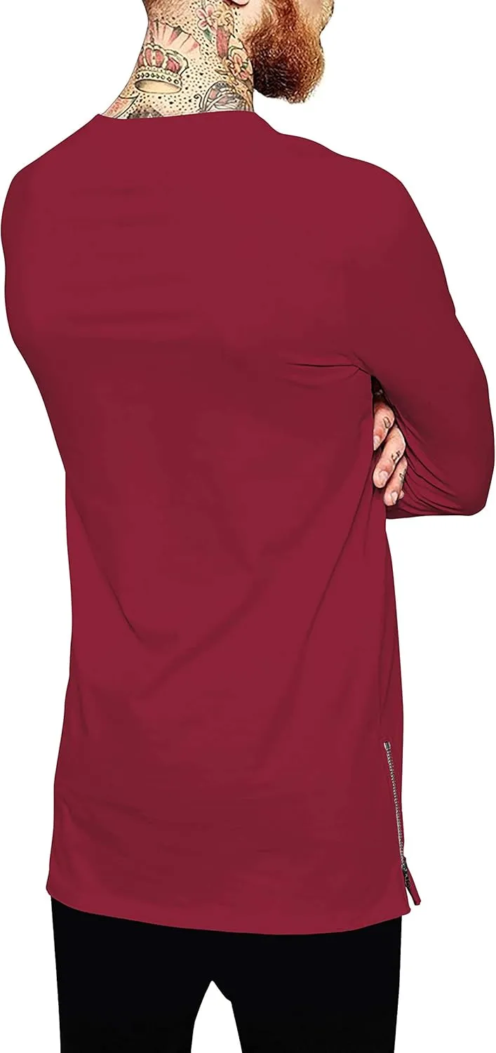 Ma Croix Mens Long Sleeve Hipster Shirt with Side Zipper Longline Extened Tee Hip Hop Streetwear