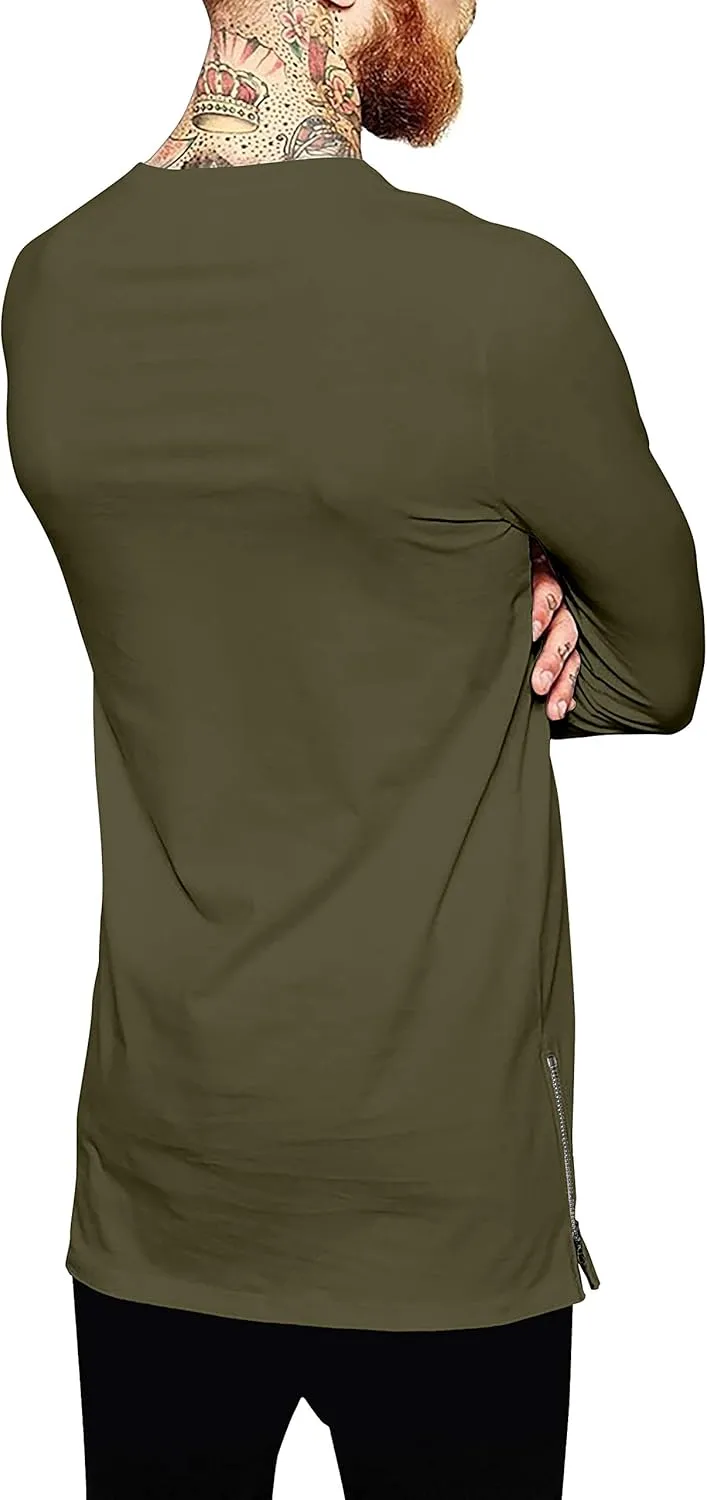 Ma Croix Mens Long Sleeve Hipster Shirt with Side Zipper Longline Extened Tee Hip Hop Streetwear