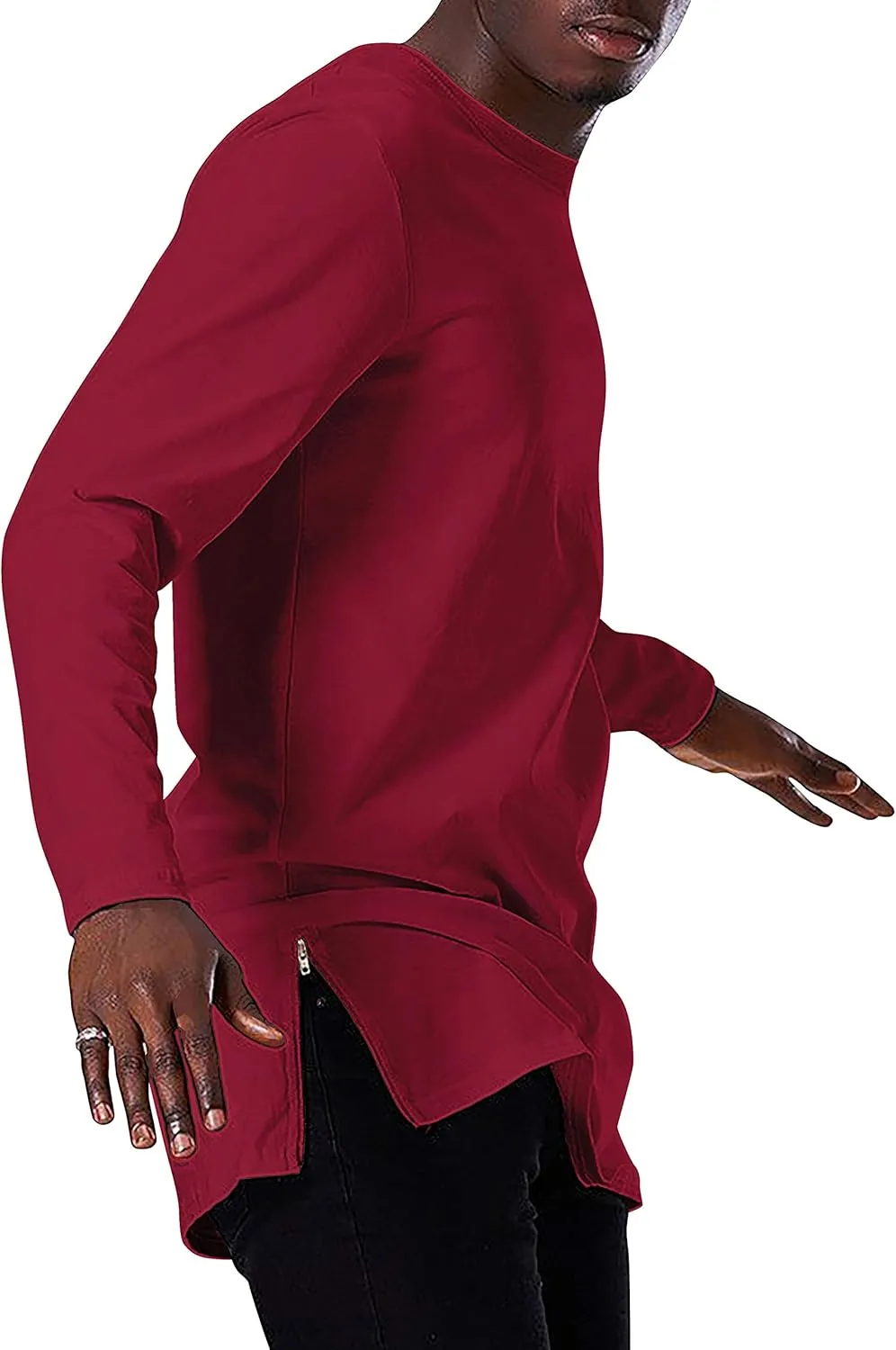 Ma Croix Mens Long Sleeve Hipster Shirt with Side Zipper Longline Extened Tee Hip Hop Streetwear