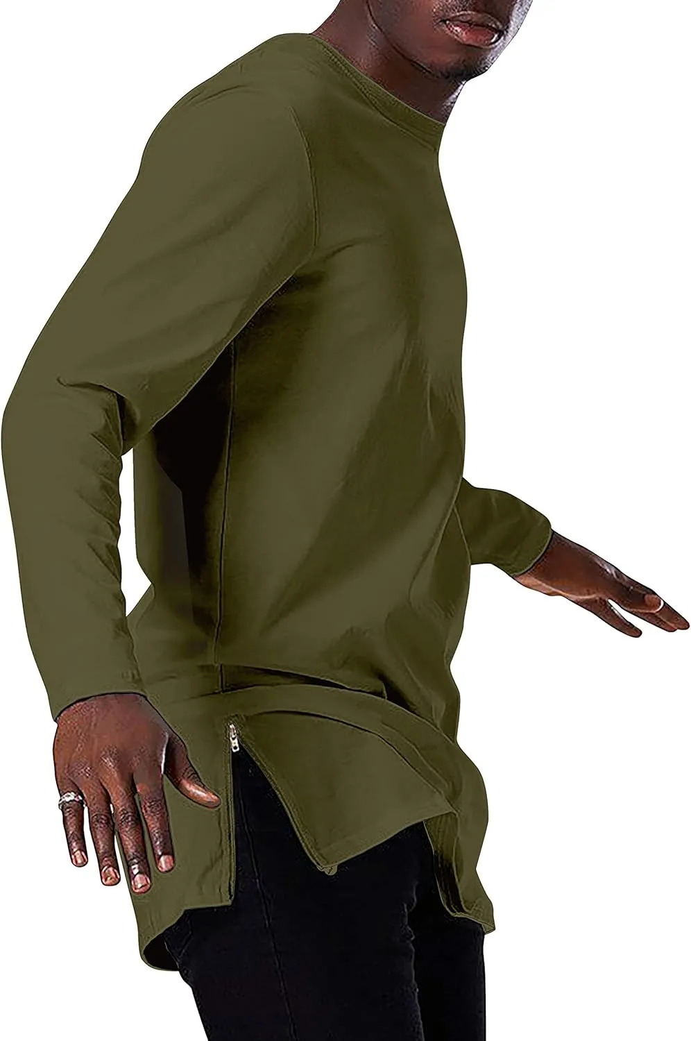 Ma Croix Mens Long Sleeve Hipster Shirt with Side Zipper Longline Extened Tee Hip Hop Streetwear