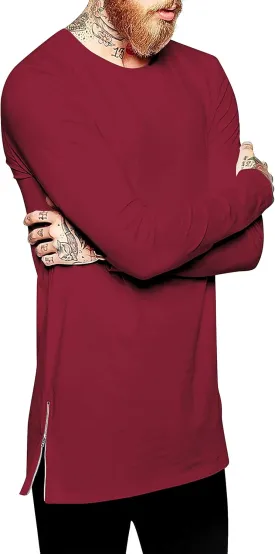 Ma Croix Mens Long Sleeve Hipster Shirt with Side Zipper Longline Extened Tee Hip Hop Streetwear