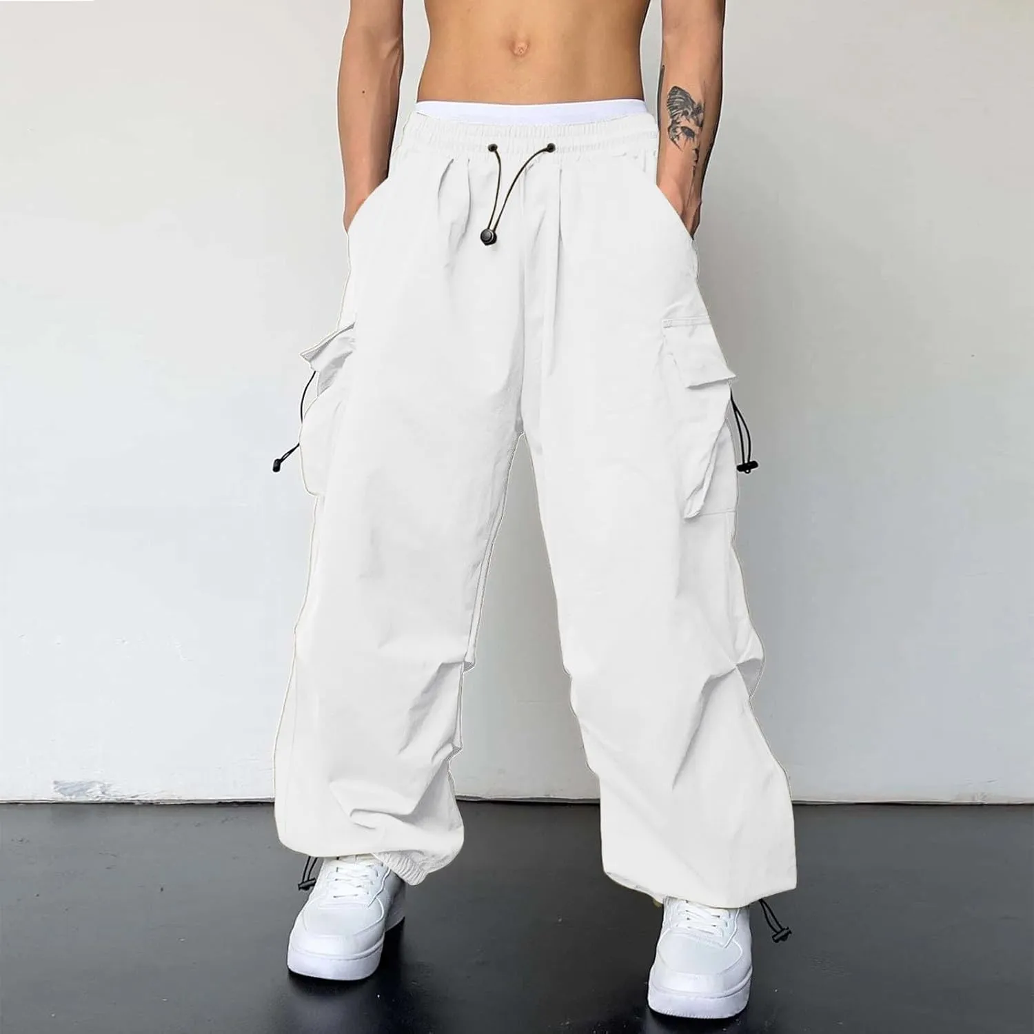 Men's Baggy Cargo Pants Casual Parachute Pant Drawstring Elastic Waist Loose Fit Athletic Joggers Sweatpants with Pockets
