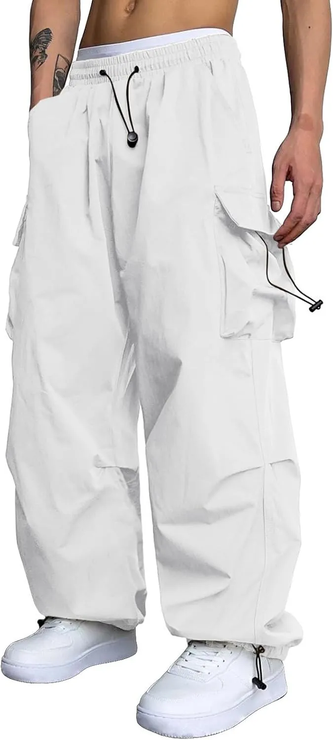 Men's Baggy Cargo Pants Casual Parachute Pant Drawstring Elastic Waist Loose Fit Athletic Joggers Sweatpants with Pockets