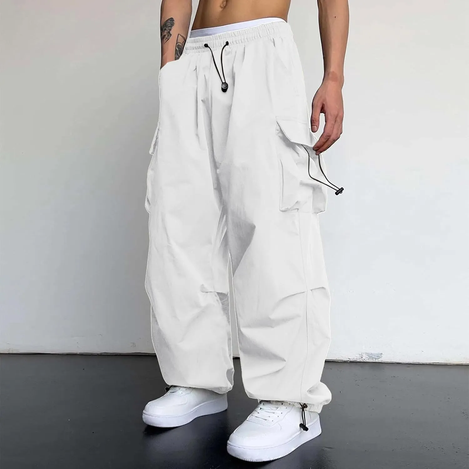 Men's Baggy Cargo Pants Casual Parachute Pant Drawstring Elastic Waist Loose Fit Athletic Joggers Sweatpants with Pockets