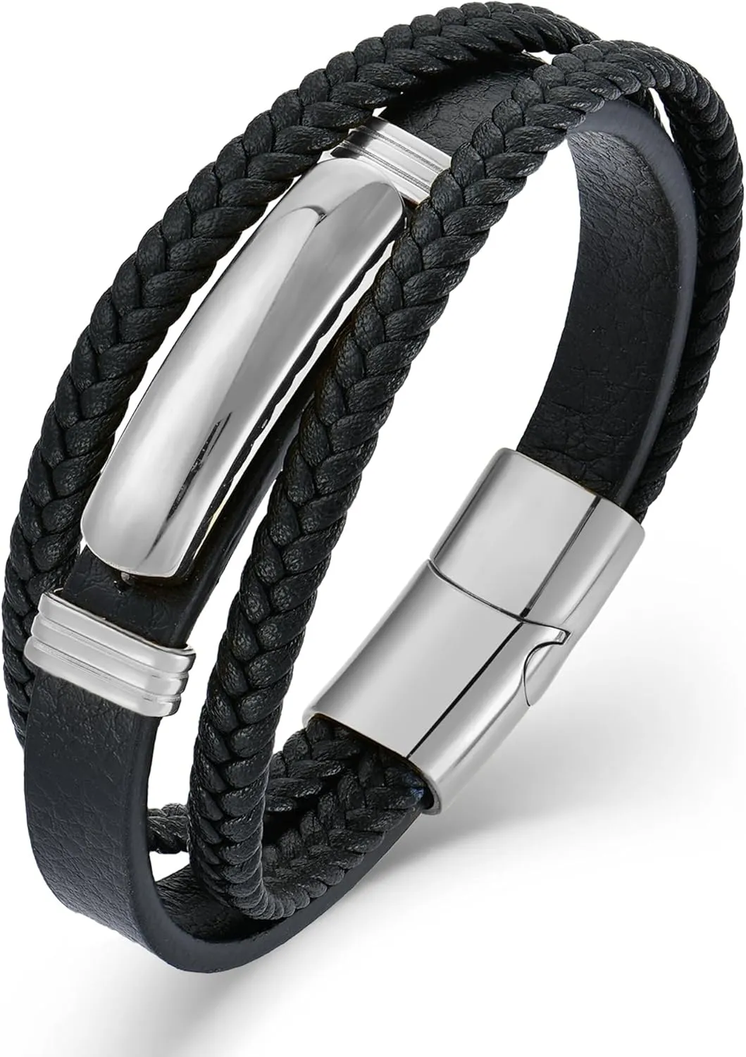 Mens Black Leather Braided Bracelets, Stainless Steel Bar Multi-Layered Bracelet with Turquoise for Jewelry Gifts