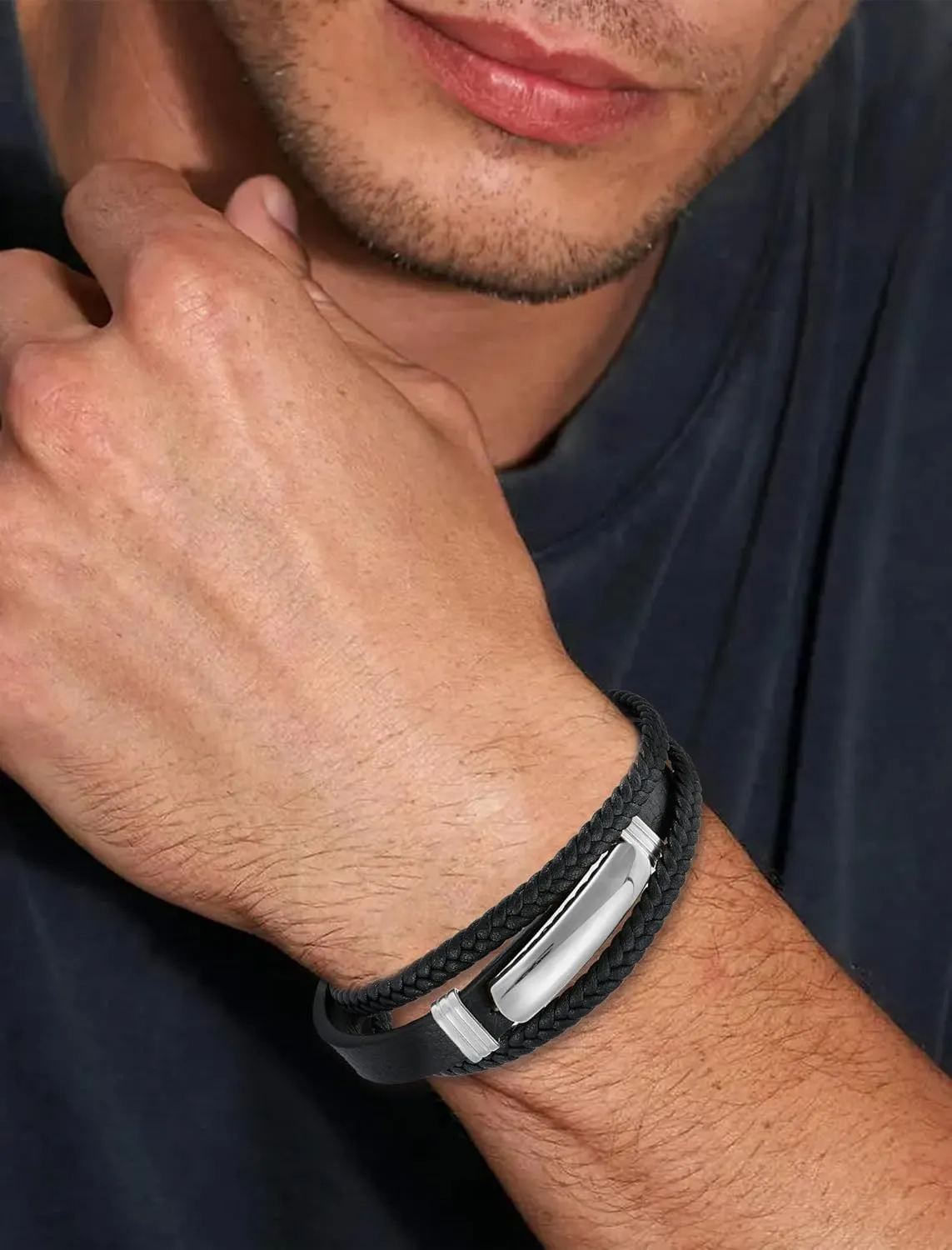 Mens Black Leather Braided Bracelets, Stainless Steel Bar Multi-Layered Bracelet with Turquoise for Jewelry Gifts