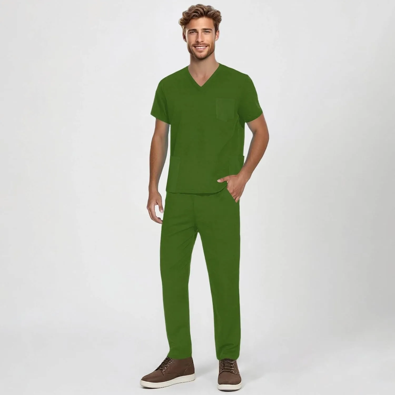 Mens Scrubs Set Stretch V-Neck Scrub Top Jogger Scrubs Pants Workwear Medical Nursing Flex Men Outfits 2 Piece