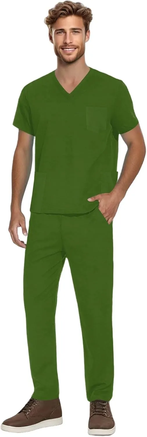 Mens Scrubs Set Stretch V-Neck Scrub Top Jogger Scrubs Pants Workwear Medical Nursing Flex Men Outfits 2 Piece