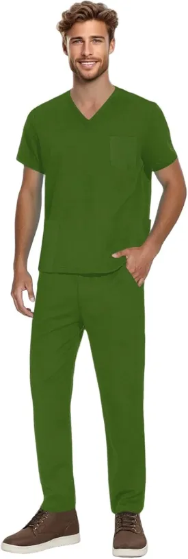 Mens Scrubs Set Stretch V-Neck Scrub Top Jogger Scrubs Pants Workwear Medical Nursing Flex Men Outfits 2 Piece
