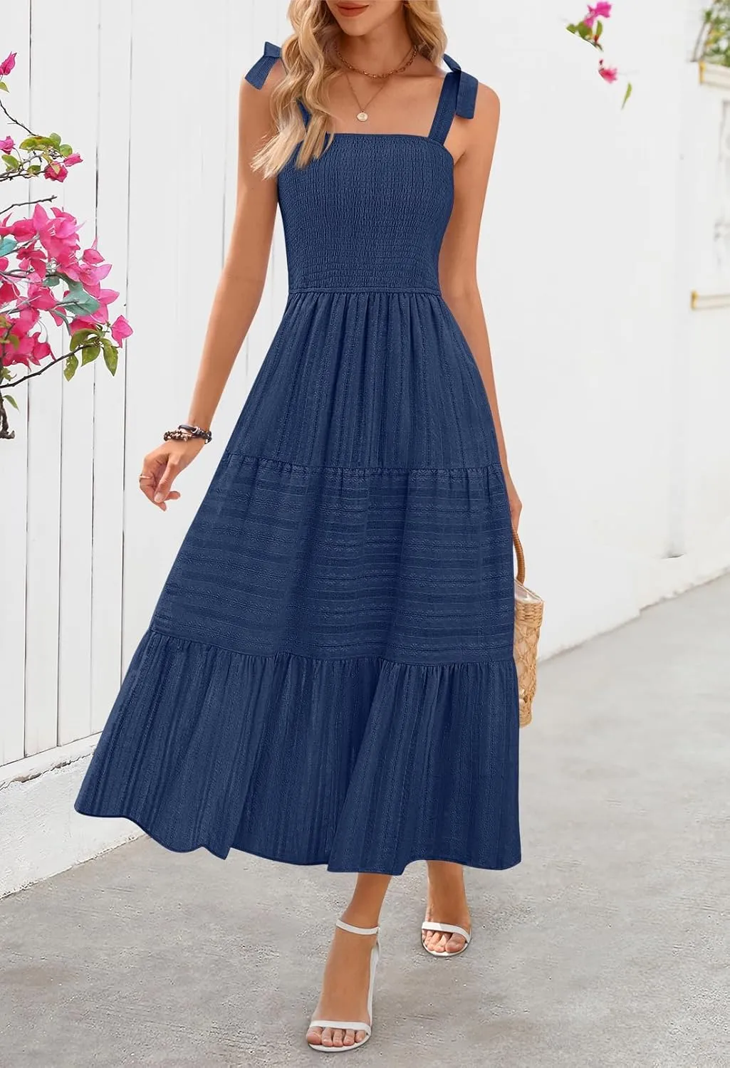 MEROKEETY Women's Summer Boho Maxi Dress Beach Vacation Casual Smocked A Line Sundress with Pockets