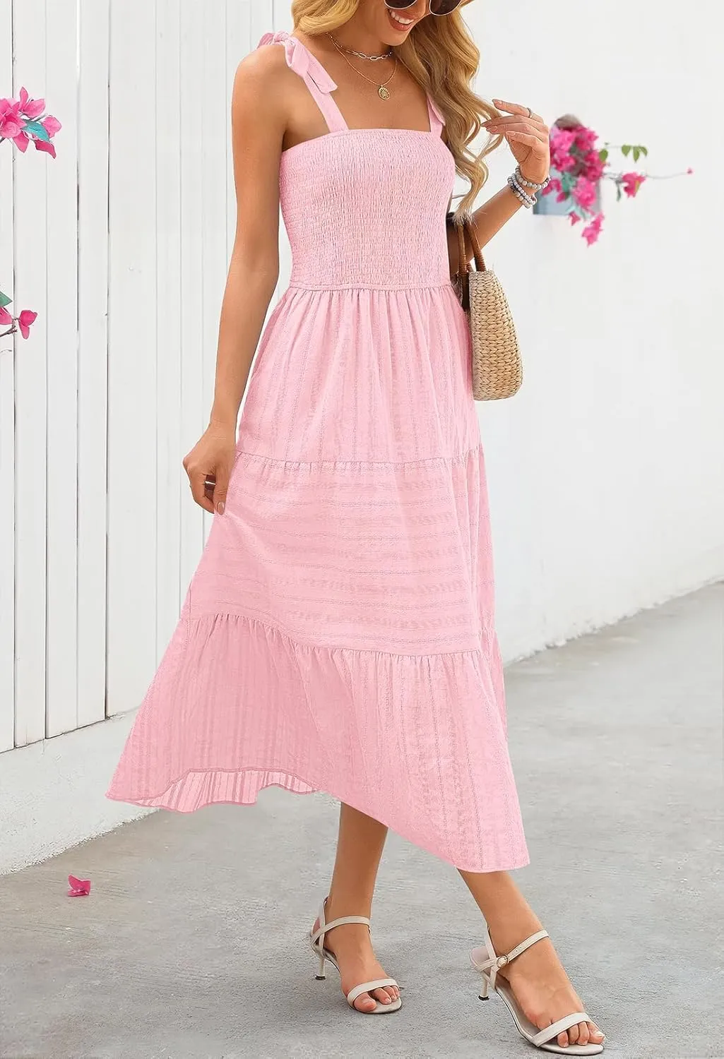 MEROKEETY Women's Summer Boho Maxi Dress Beach Vacation Casual Smocked A Line Sundress with Pockets