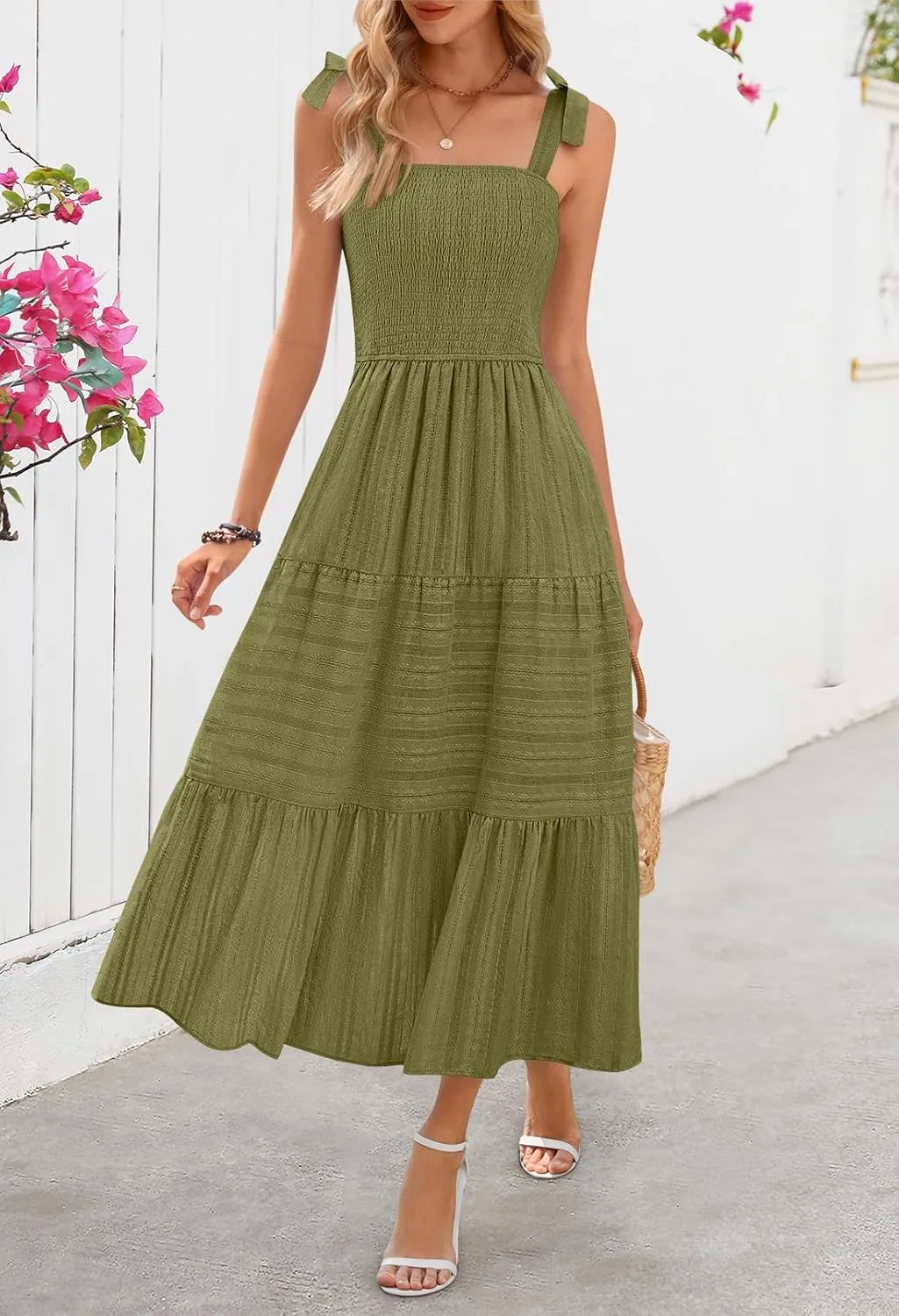 MEROKEETY Women's Summer Boho Maxi Dress Beach Vacation Casual Smocked A Line Sundress with Pockets