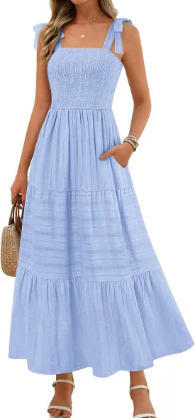 MEROKEETY Women's Summer Boho Maxi Dress Beach Vacation Casual Smocked A Line Sundress with Pockets