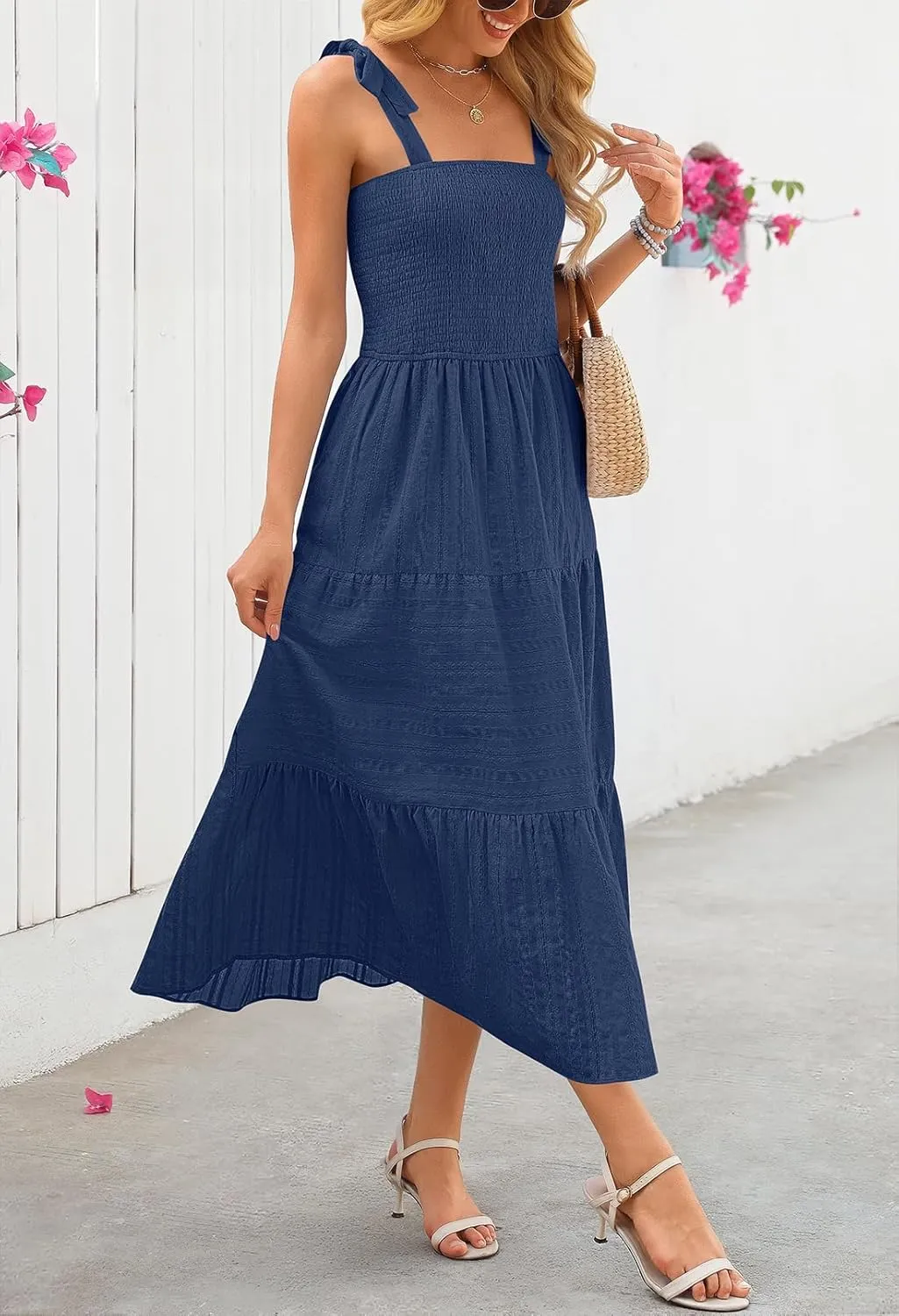 MEROKEETY Women's Summer Boho Maxi Dress Beach Vacation Casual Smocked A Line Sundress with Pockets
