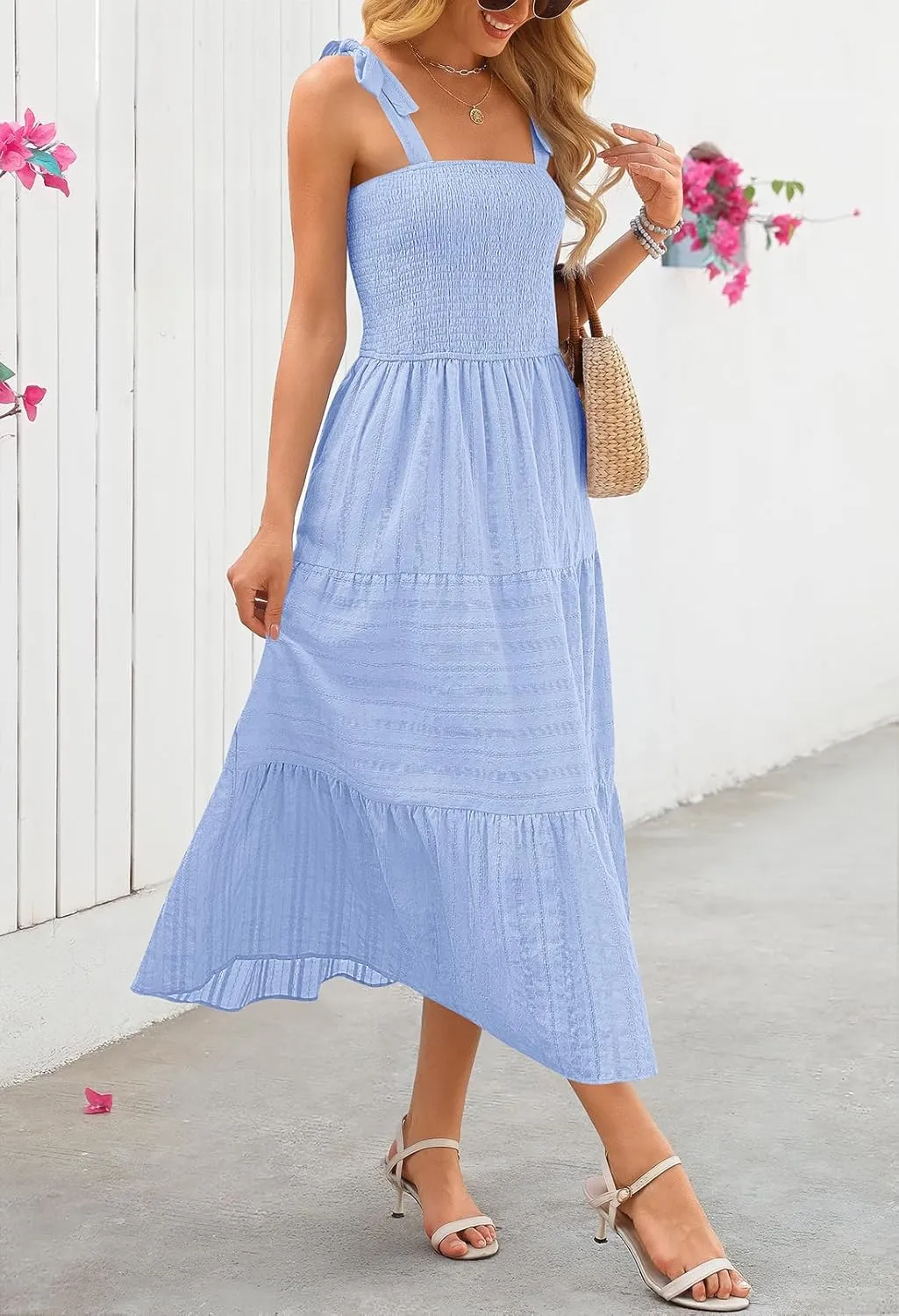 MEROKEETY Women's Summer Boho Maxi Dress Beach Vacation Casual Smocked A Line Sundress with Pockets