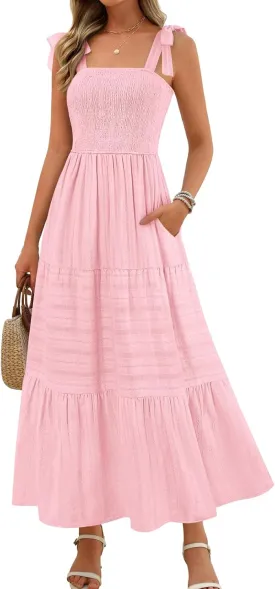 MEROKEETY Women's Summer Boho Maxi Dress Beach Vacation Casual Smocked A Line Sundress with Pockets