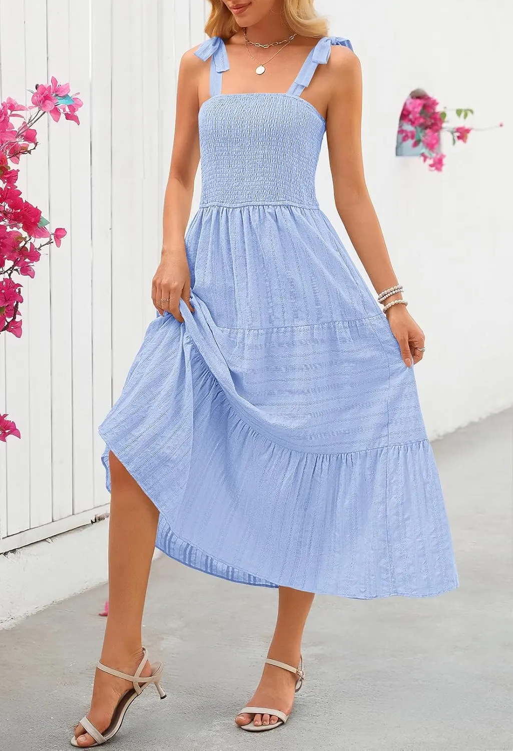 MEROKEETY Women's Summer Boho Maxi Dress Beach Vacation Casual Smocked A Line Sundress with Pockets