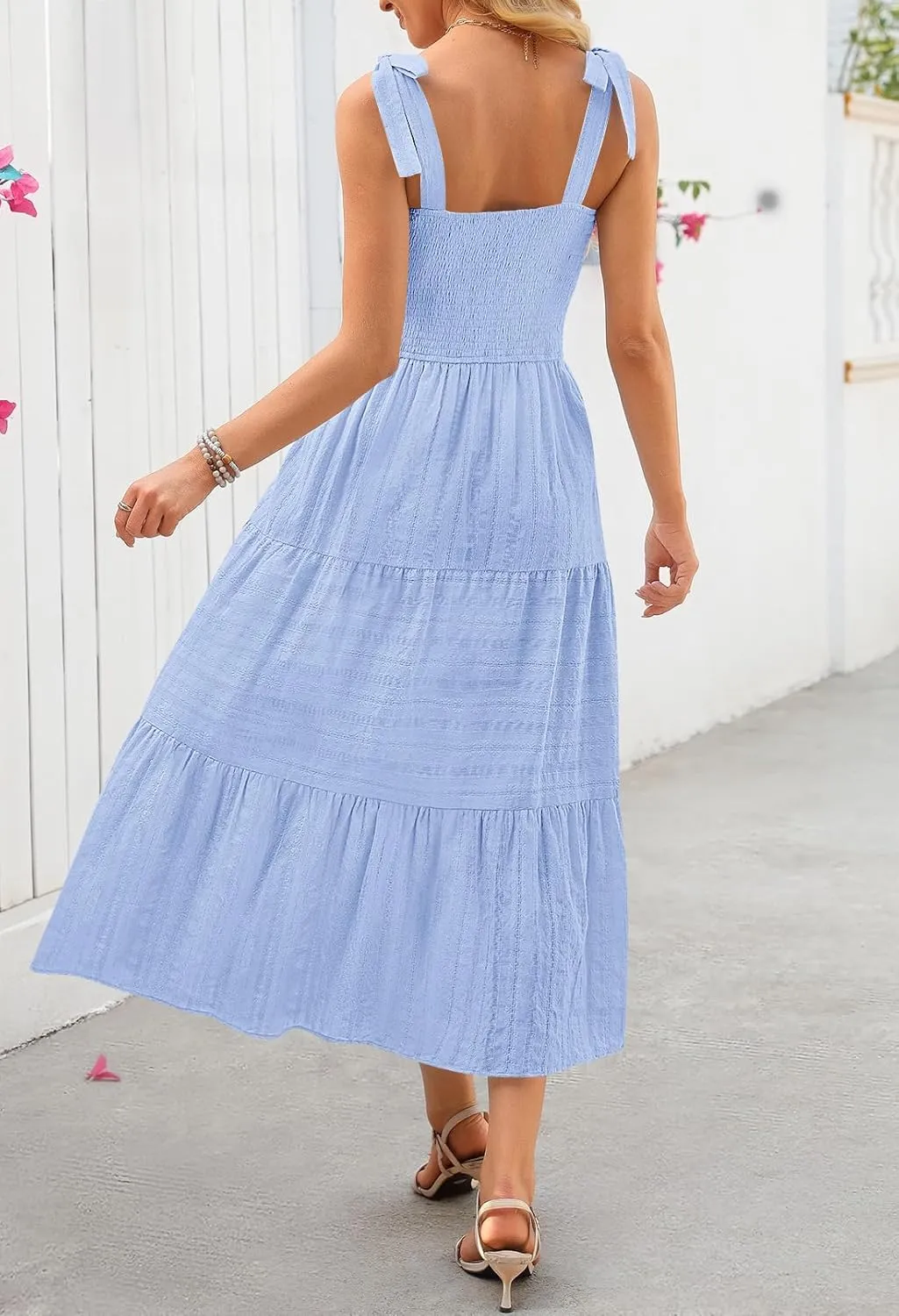 MEROKEETY Women's Summer Boho Maxi Dress Beach Vacation Casual Smocked A Line Sundress with Pockets