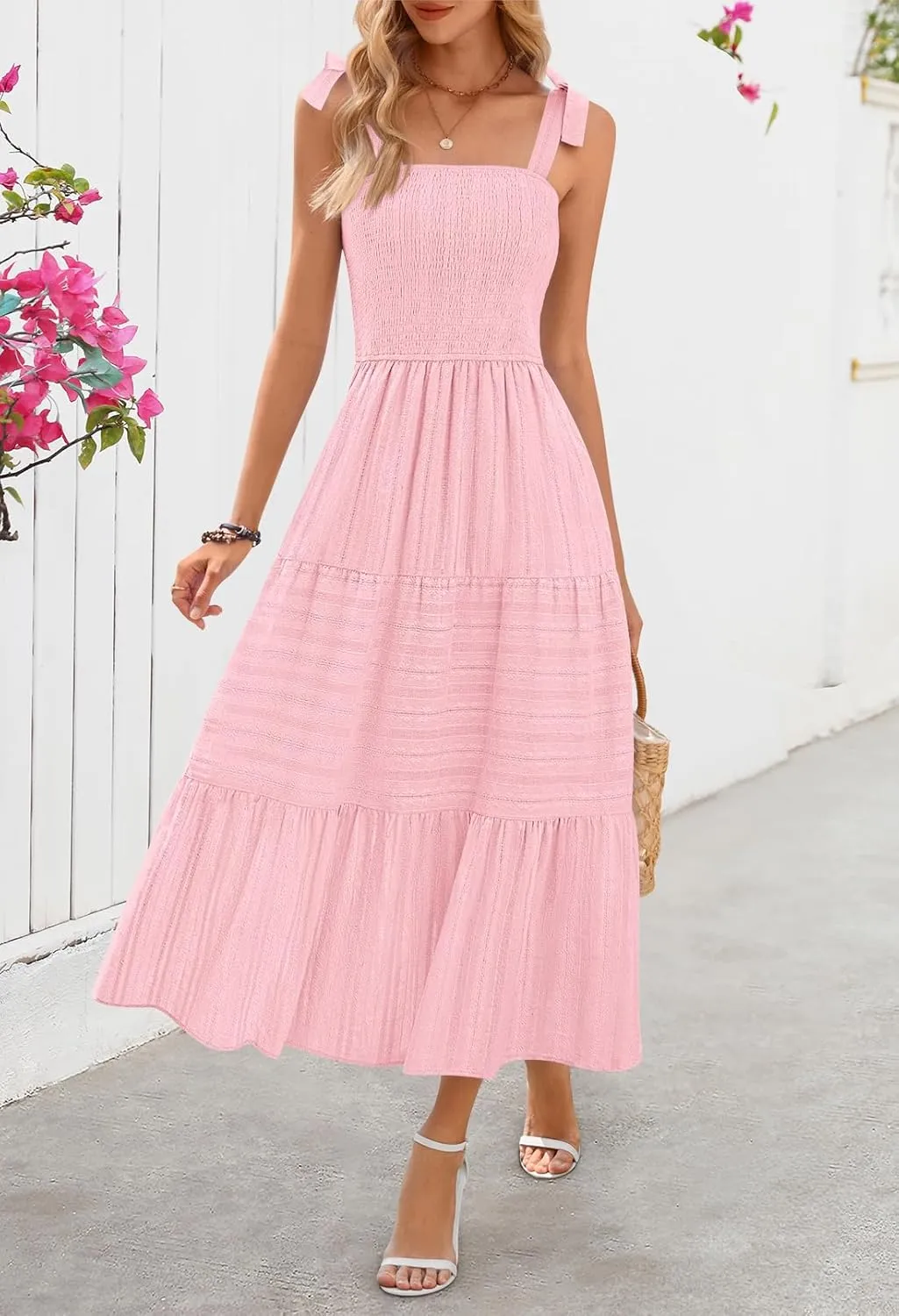 MEROKEETY Women's Summer Boho Maxi Dress Beach Vacation Casual Smocked A Line Sundress with Pockets