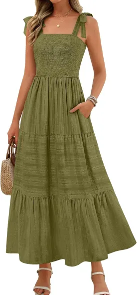 MEROKEETY Women's Summer Boho Maxi Dress Beach Vacation Casual Smocked A Line Sundress with Pockets