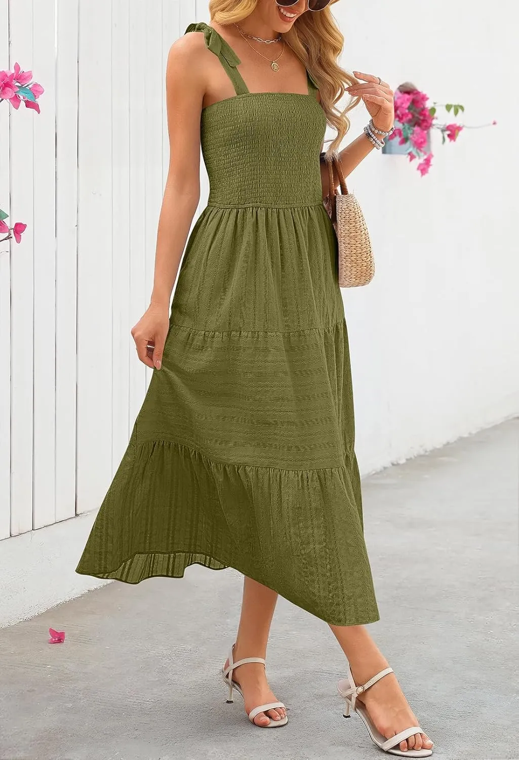 MEROKEETY Women's Summer Boho Maxi Dress Beach Vacation Casual Smocked A Line Sundress with Pockets