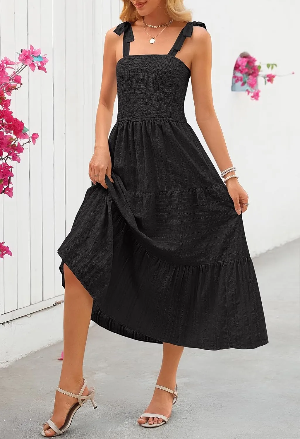 MEROKEETY Women's Summer Boho Maxi Dress Beach Vacation Casual Smocked A Line Sundress with Pockets