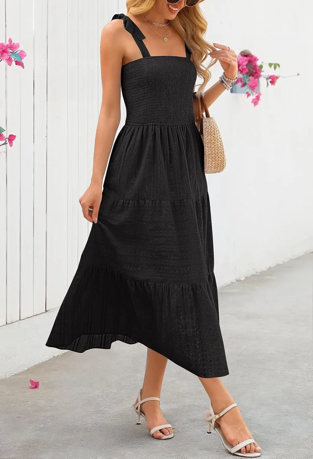 MEROKEETY Women's Summer Boho Maxi Dress Beach Vacation Casual Smocked A Line Sundress with Pockets