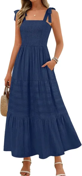 MEROKEETY Women's Summer Boho Maxi Dress Beach Vacation Casual Smocked A Line Sundress with Pockets