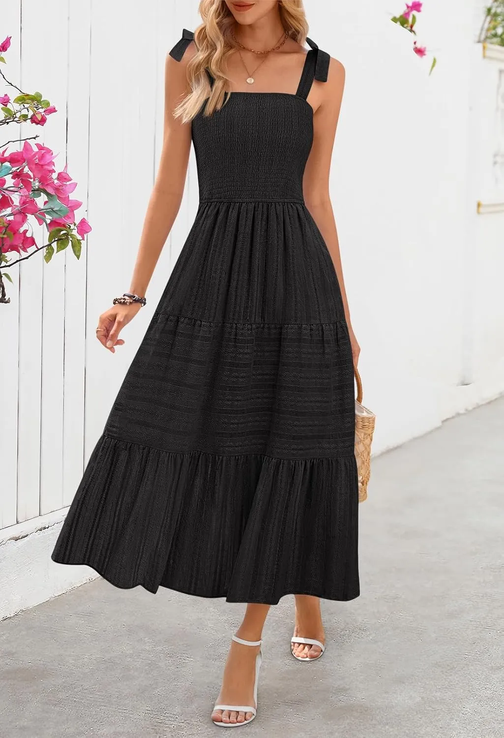 MEROKEETY Women's Summer Boho Maxi Dress Beach Vacation Casual Smocked A Line Sundress with Pockets