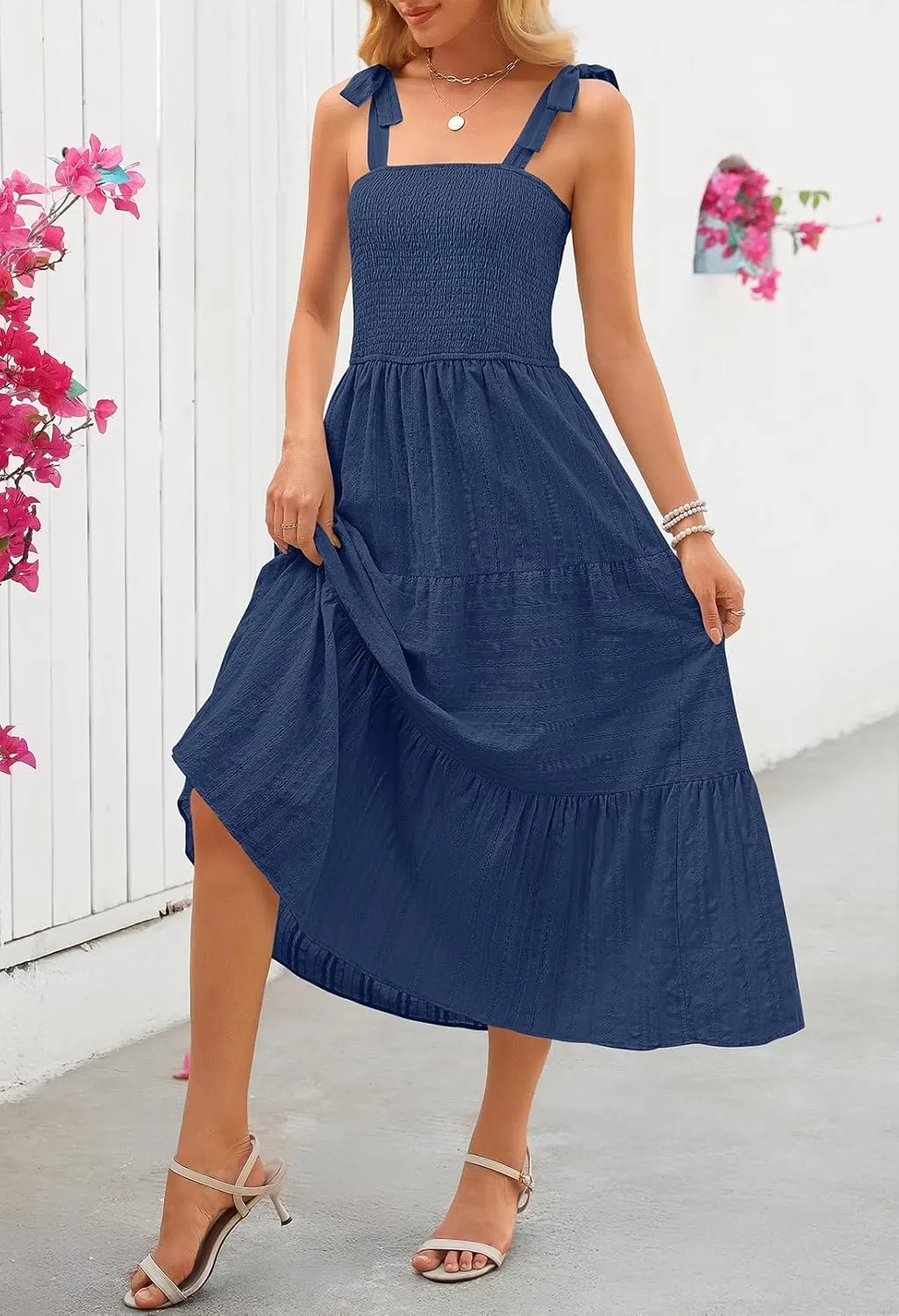 MEROKEETY Women's Summer Boho Maxi Dress Beach Vacation Casual Smocked A Line Sundress with Pockets