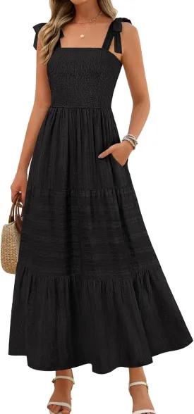 MEROKEETY Women's Summer Boho Maxi Dress Beach Vacation Casual Smocked A Line Sundress with Pockets
