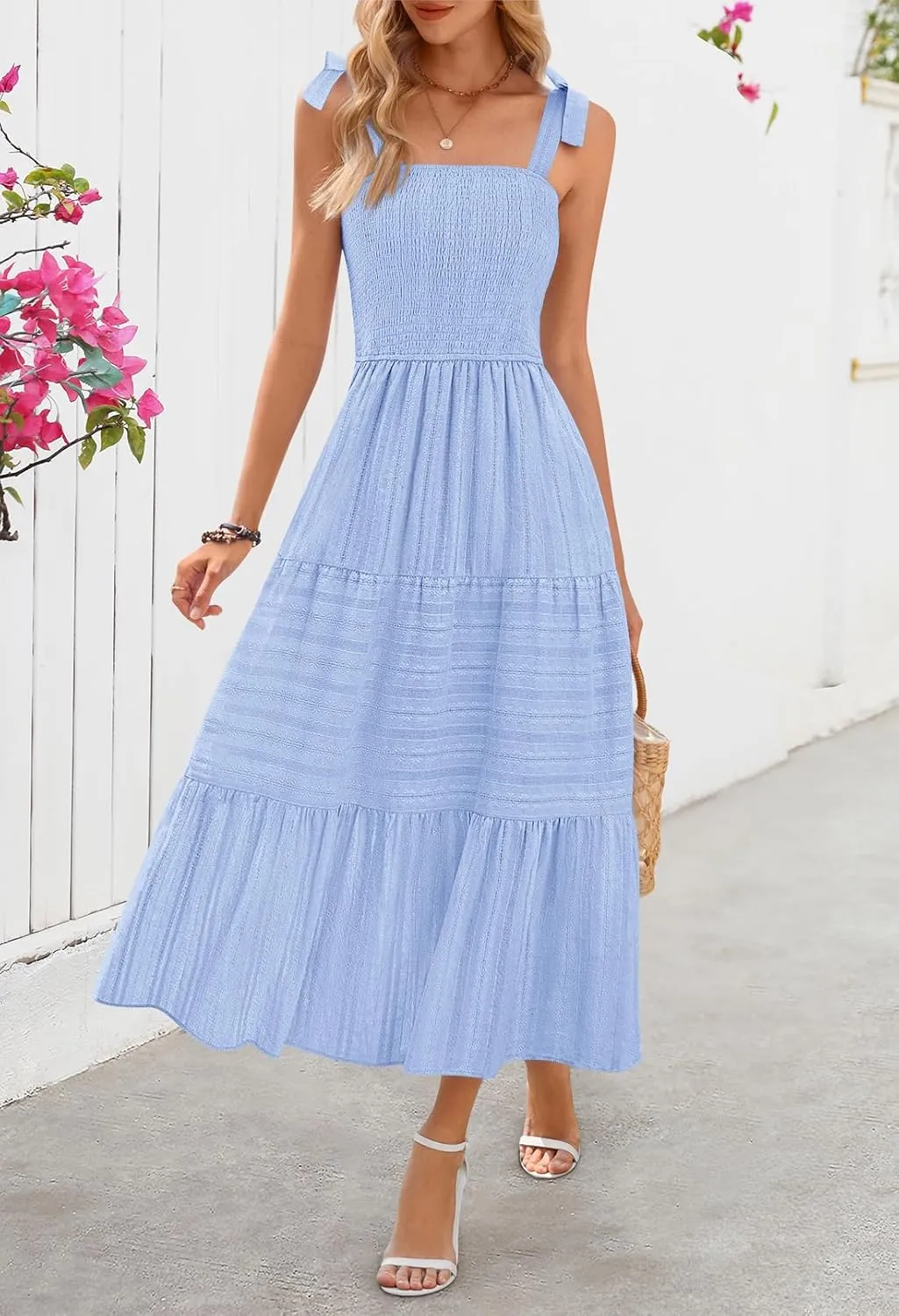 MEROKEETY Women's Summer Boho Maxi Dress Beach Vacation Casual Smocked A Line Sundress with Pockets