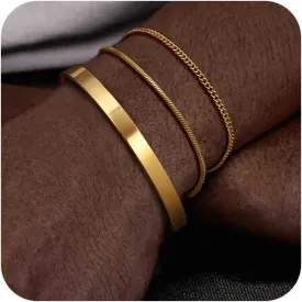 Moodear Stackable Bracelets for Men Dainty 925 Sterling Silver/14K Gold Plated Cuff Snake Box Cuban Link Chain Bangle Bracelet Set Mens Jewelry Gifts for Men Silver Gold Black