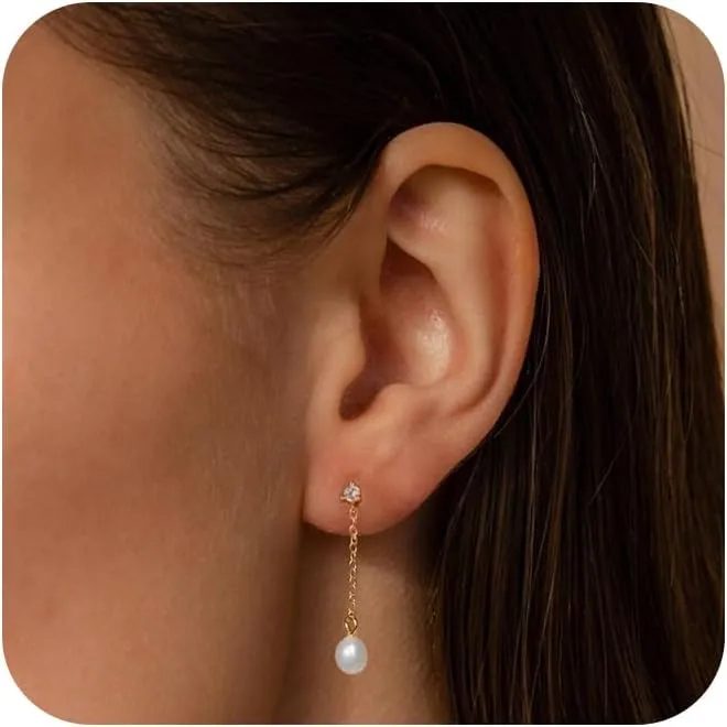 Pearl Drop Earrings for Women,Trendy Dangle Earrings 14k Gold Plated Dainty Pearl Dangle Earrings Small Pearl Earrings Dangling Cute Chain Bridal Earrings for Women Wedding Jewelry Gifts