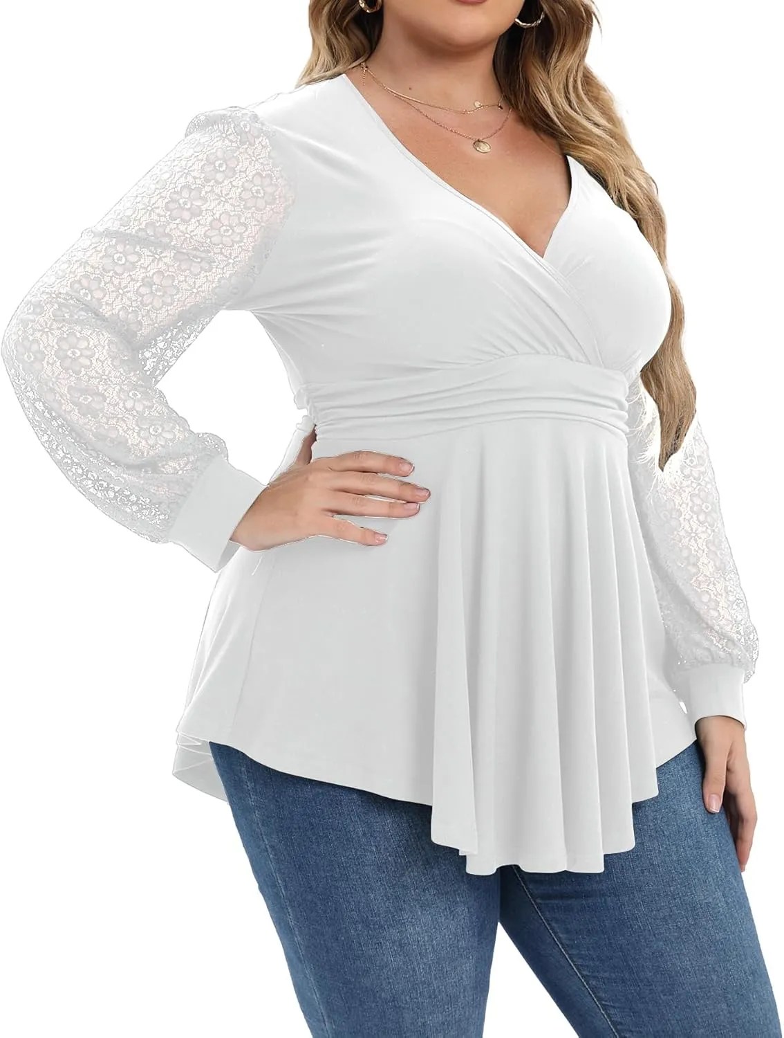 Plus Size Tops for Women Lace Long Sleeve Fall Shirts Casual Dressy Wrap V Neck Pleated Tunic Top