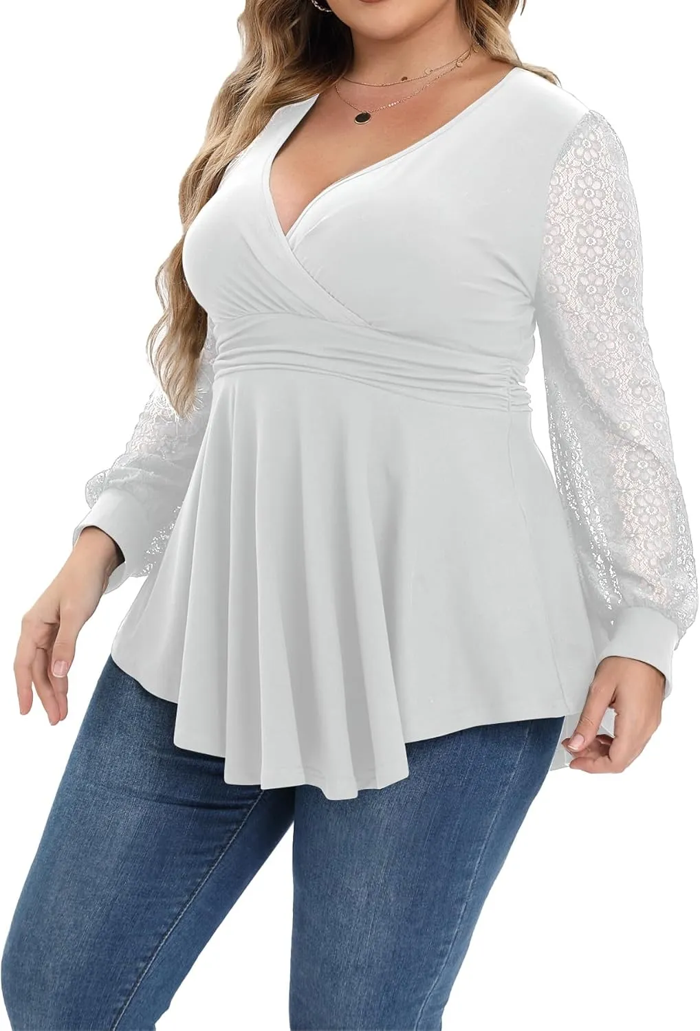 Plus Size Tops for Women Lace Long Sleeve Fall Shirts Casual Dressy Wrap V Neck Pleated Tunic Top