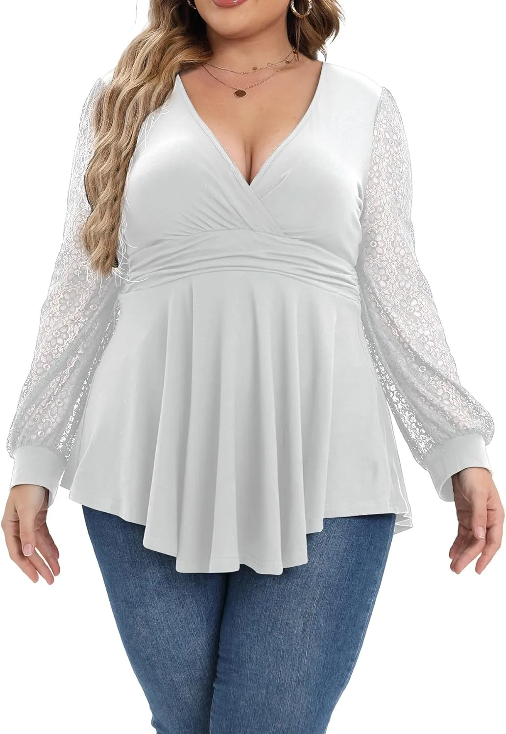 Plus Size Tops for Women Lace Long Sleeve Fall Shirts Casual Dressy Wrap V Neck Pleated Tunic Top
