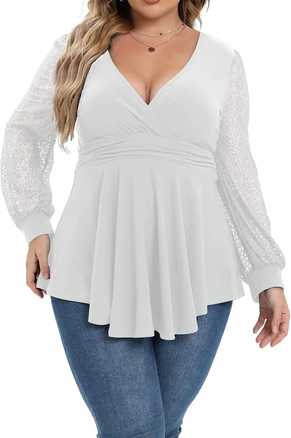 Plus Size Tops for Women Lace Long Sleeve Fall Shirts Casual Dressy Wrap V Neck Pleated Tunic Top