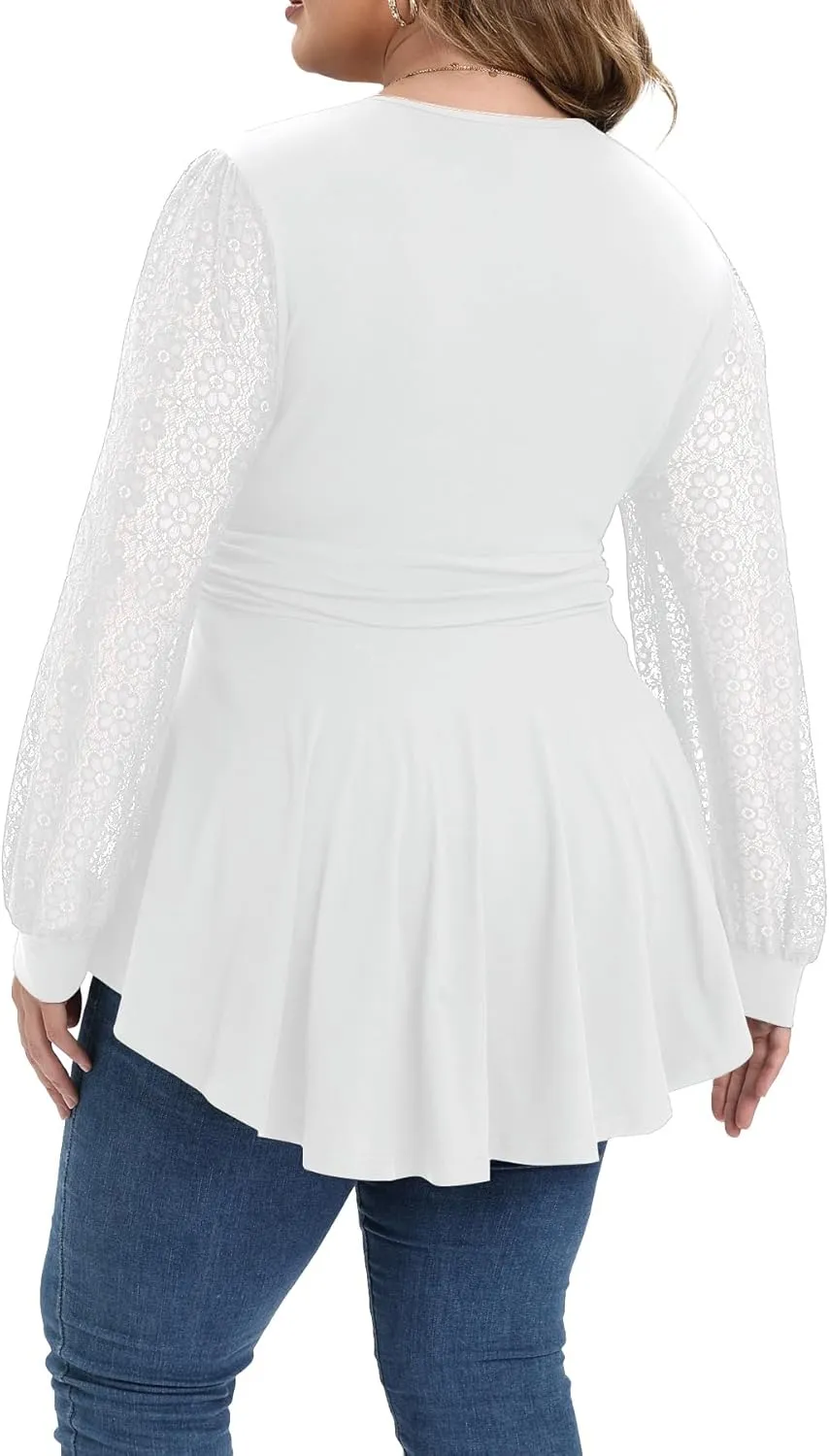 Plus Size Tops for Women Lace Long Sleeve Fall Shirts Casual Dressy Wrap V Neck Pleated Tunic Top