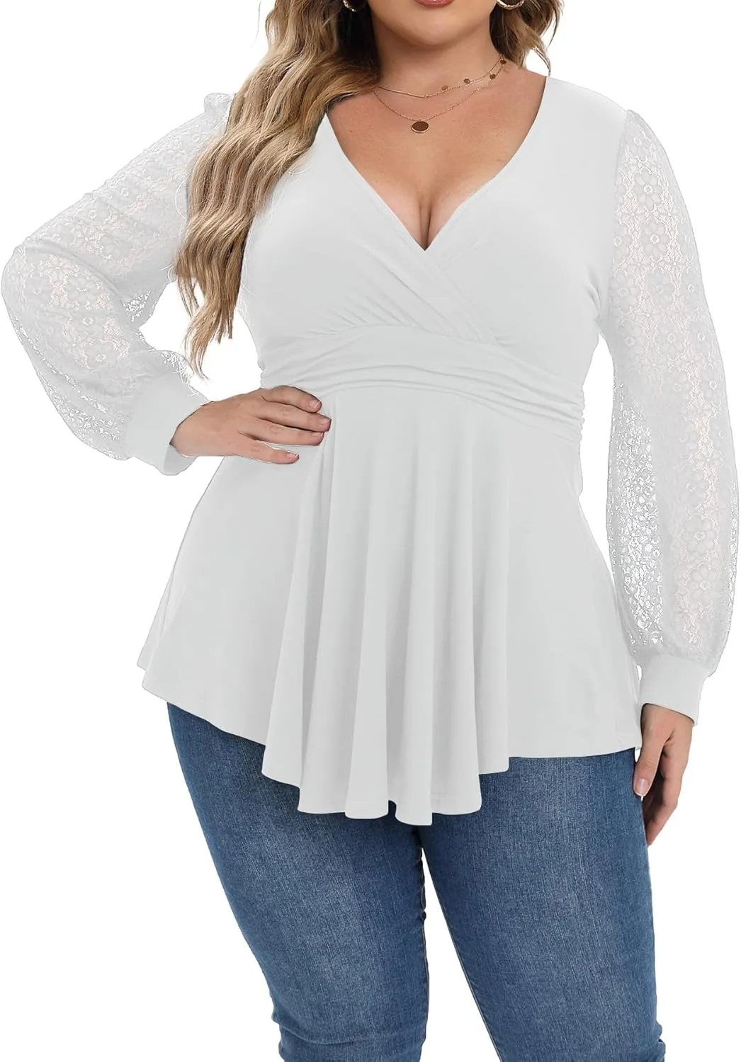 Plus Size Tops for Women Lace Long Sleeve Fall Shirts Casual Dressy Wrap V Neck Pleated Tunic Top