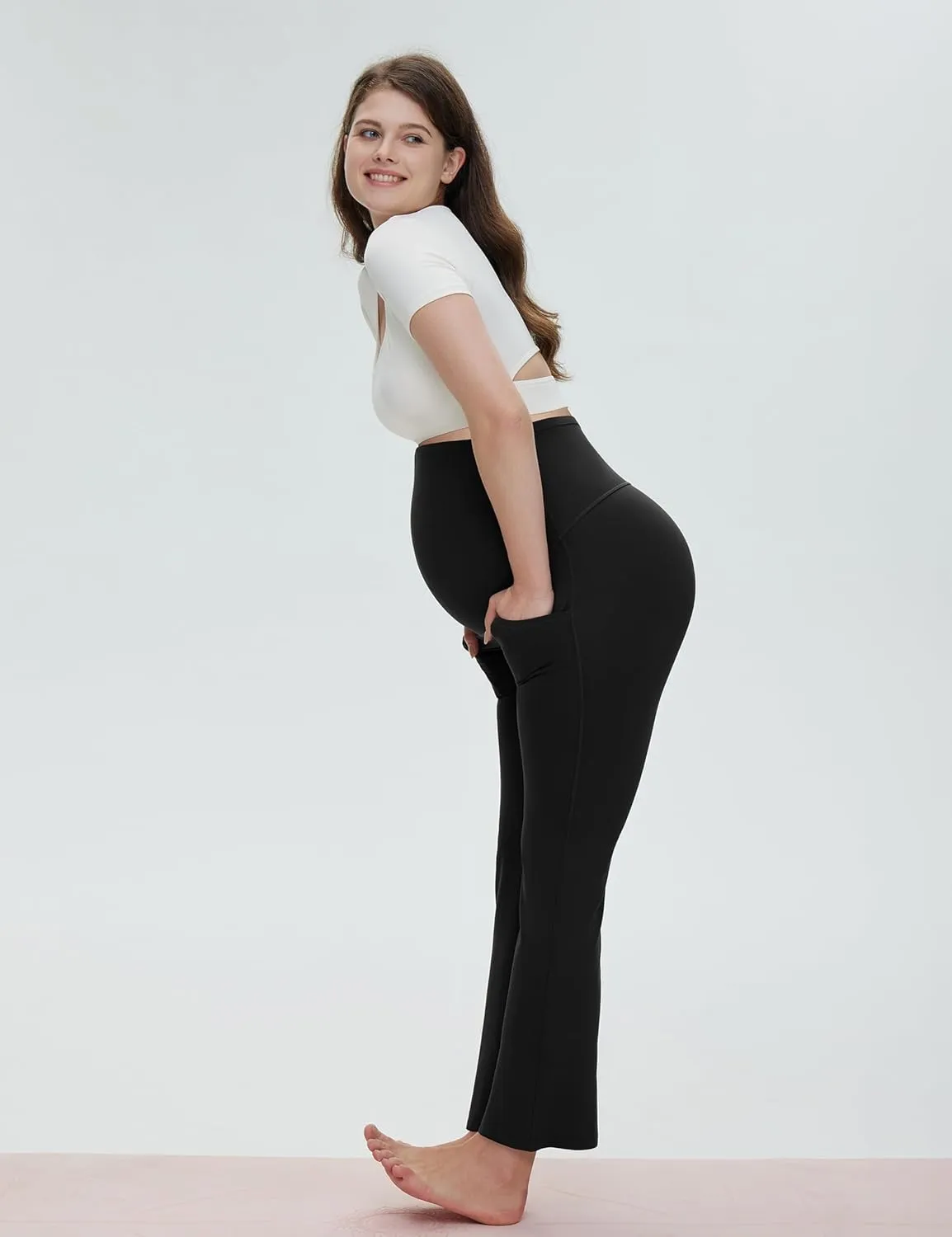 POSHDIVAH Women's Maternity Yoga Pants Work Lounge Stretchy Bootcut Flare Pants Pregnancy Dress Trousers for Business Casual
