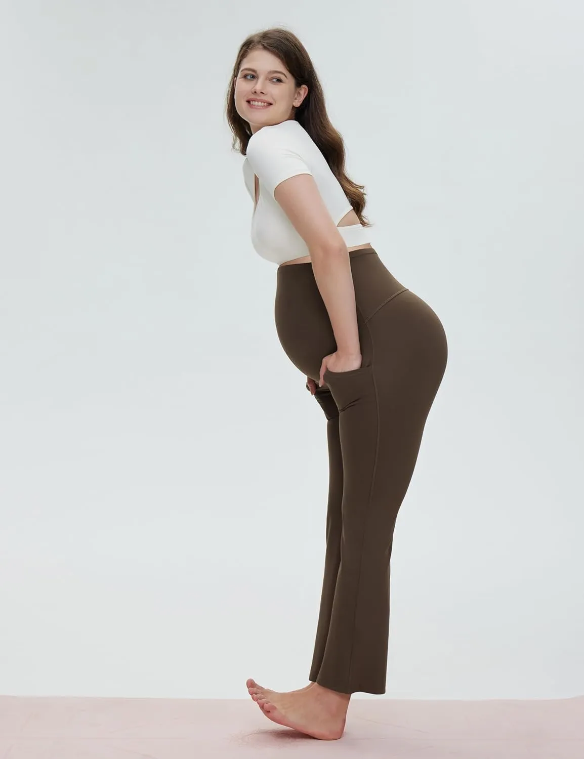 POSHDIVAH Women's Maternity Yoga Pants Work Lounge Stretchy Bootcut Flare Pants Pregnancy Dress Trousers for Business Casual