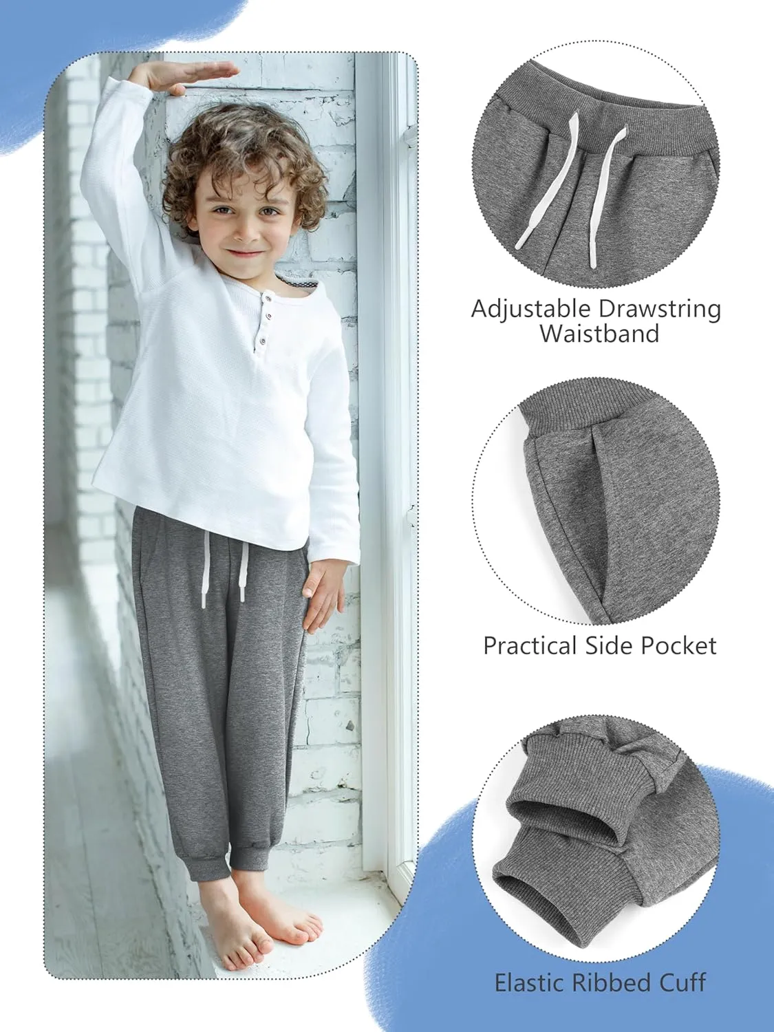 Resinta 5 Pack Toddler Boys Sweatpants Athletic Pull-On Pants with Drawstring and Pockets Boys Active Cotton Jogger Pants