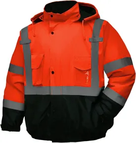 safety jacket for men, Reflective high Visibility Hooded jacket, Hi-Vis Bomber Jacket with Pockets and Zipper, waterproof, Black Bottom, ANSI/ISEA 107-2020 Type R Class 3, Orange