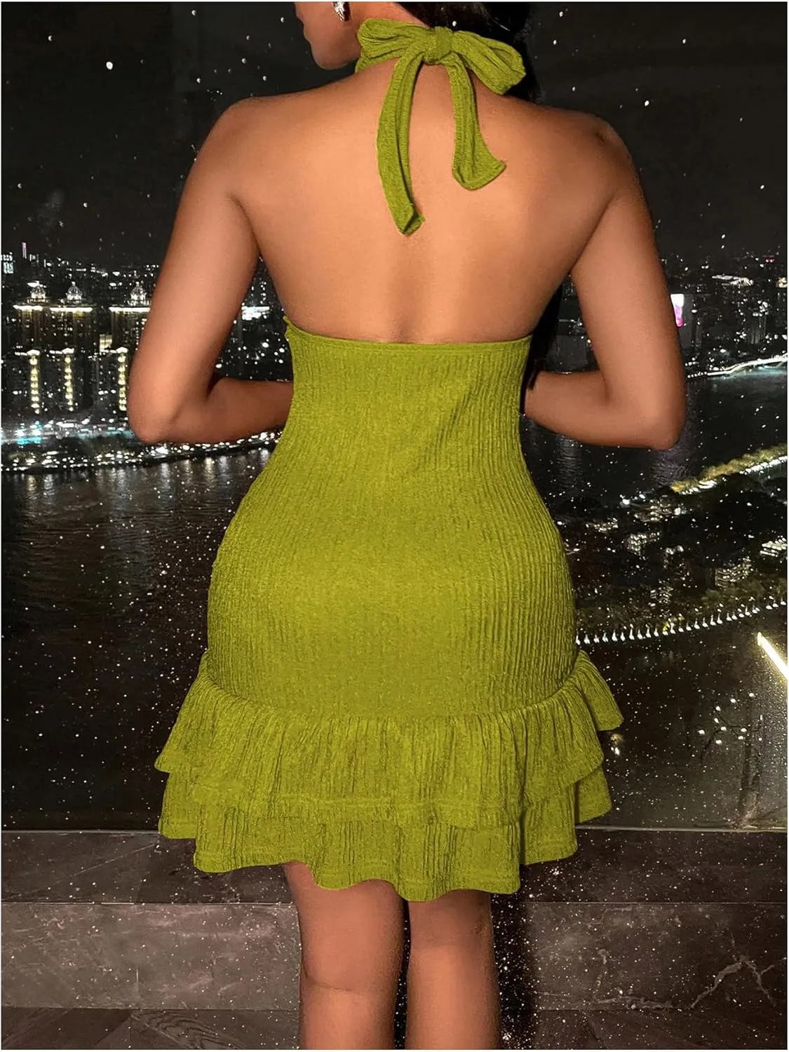 SOLY HUX Women's Summer Halter Bodycon Mini Dress Sexy Deep V Ruffle Party Cocktail Cami Dresses