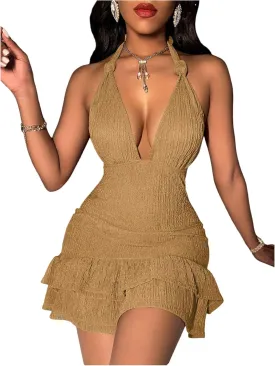SOLY HUX Women's Summer Halter Bodycon Mini Dress Sexy Deep V Ruffle Party Cocktail Cami Dresses